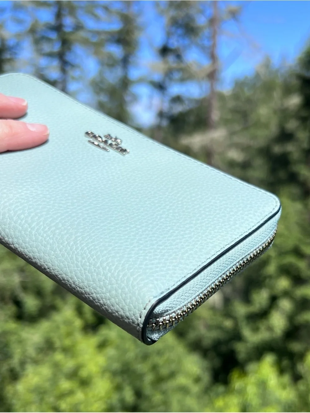 COACH Long Zip-Around Pebble Leather Wallet Sea Foam Green with Silver Hardware
